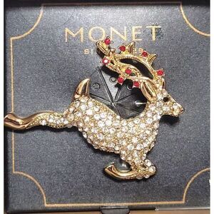 Monet Holiday Reindeer Rhinestone Goldtone Brooch‎ Pin New Boxed